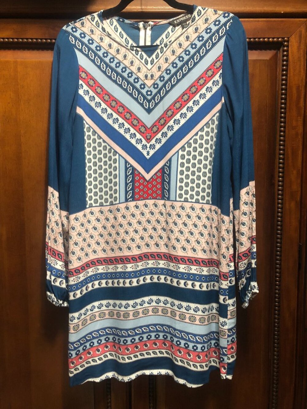 Express Boho Patchwork Printed Long Sleeve Dress XS